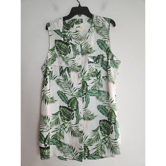 C & C California Women White w/Green Floral 100% Linen Button Down Shirt size 2X - Picture 1 of 5